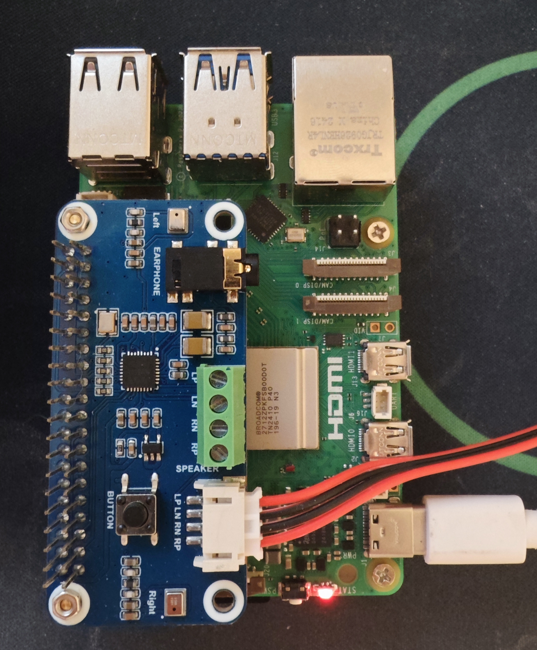 Raspberry Pi 5 与 WM8960 Audio HAT 硬件照片